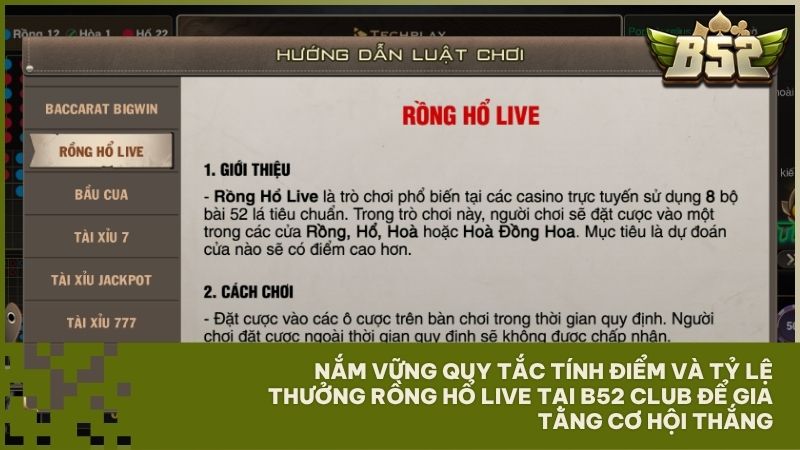 Ghi nhớ giá trị các lá bài và tỷ lệ ăn thưởng 1:51 khi chơi Rồng Hổ Live tại B52 Club