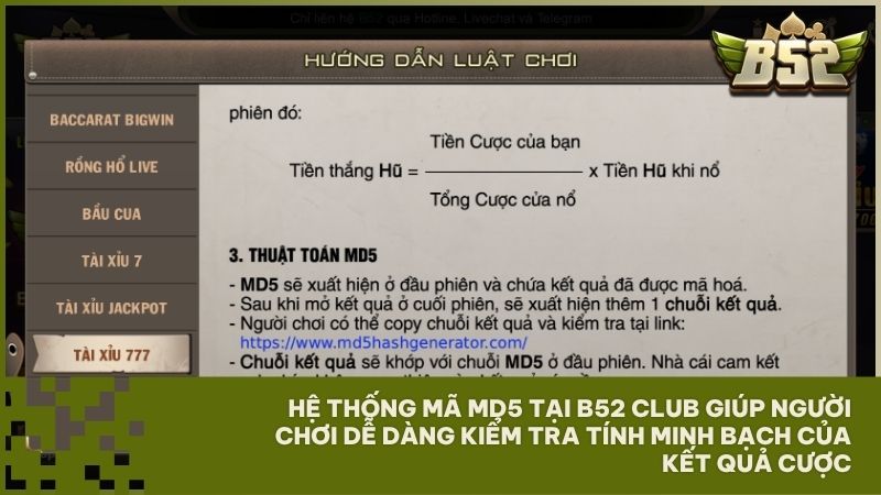 Người chơi có thể tự mình đối soát kết quả phiên cược Tài Xỉu 777 thông qua thuật toán MD5