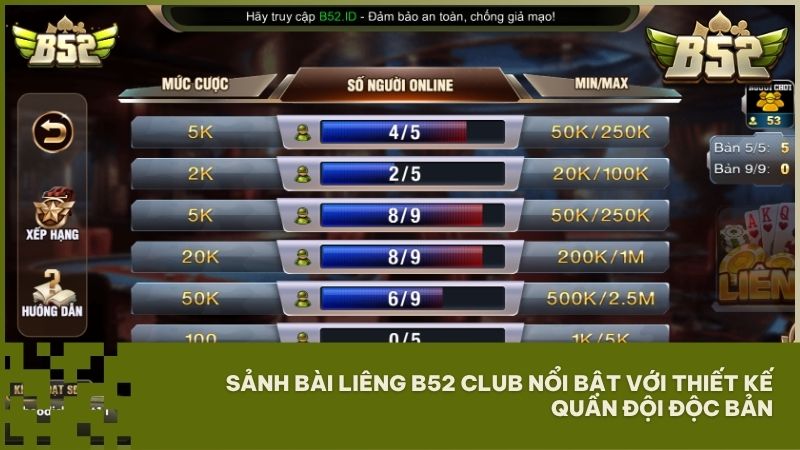 Giao diện sảnh bài Liêng B52 Club mang đậm phong cách quân đội viễn tây vô cùng ấn tượng