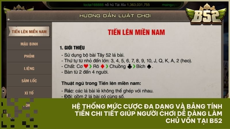 Bảng phòng cược đa dạng giúp người chơi dễ dàng chọn lựa mức vốn phù hợp khi tham gia B52 Club