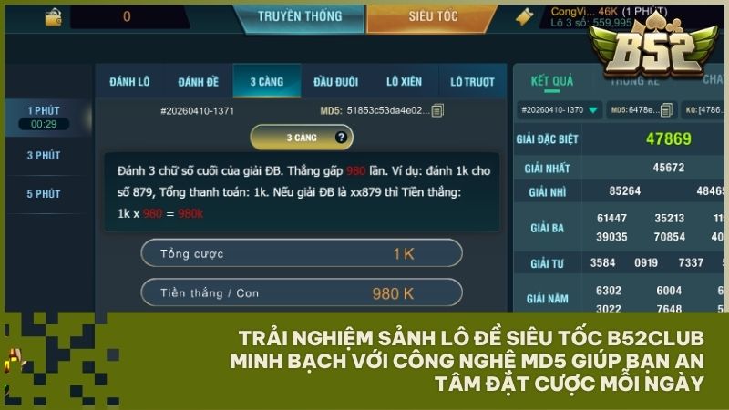 Giao diện đặt cược lô đề siêu tốc B52Club hiện đại với đa dạng khung giờ quay thưởng cực kỳ nhanh gọn