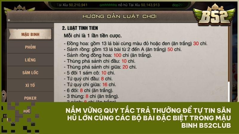 Bảng hướng dẫn chi tiết các trường hợp ăn trắng giúp game thủ tối ưu lợi nhuận khi đánh bài Mậu Binh B52Club