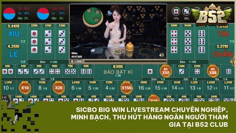 Sòng bài Sicbo Big Win tại B52 Club kịch tính với Dealer livestream chia bài công khai và minh bạch