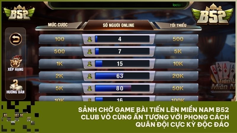 Giao diện Tiến Lên Miền Nam B52 Club đẳng cấp với thiết kế quân đội mạnh mẽ và cực kỳ lôi cuốn